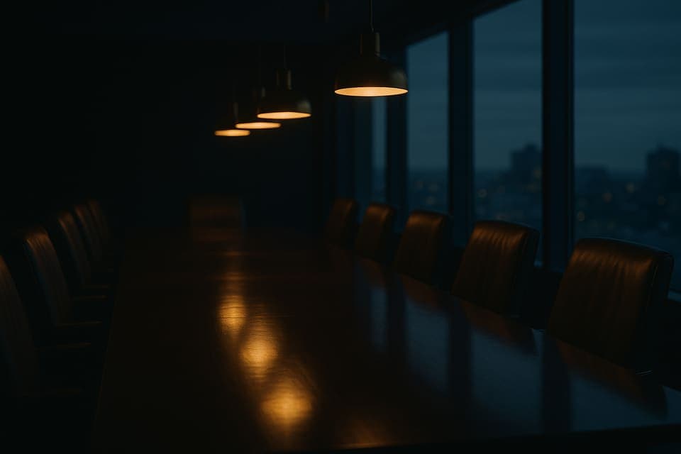 A dark boardroom table under warm pendant lights with a city at dusk beyond